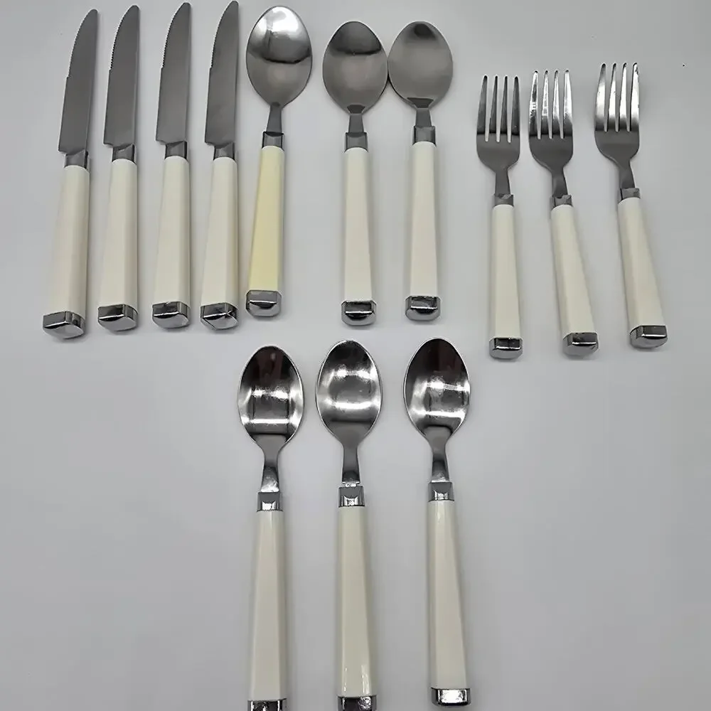 Cambridge Lot of 13 Stainless Steel Flatware with Square Plastic Handle Ivory